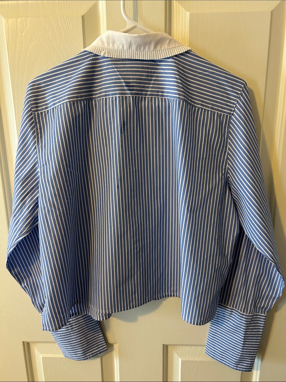 J. Crew Blue & White Striped Ruffle-Front Shirt with Contrast Collar - Picture 2 of 5